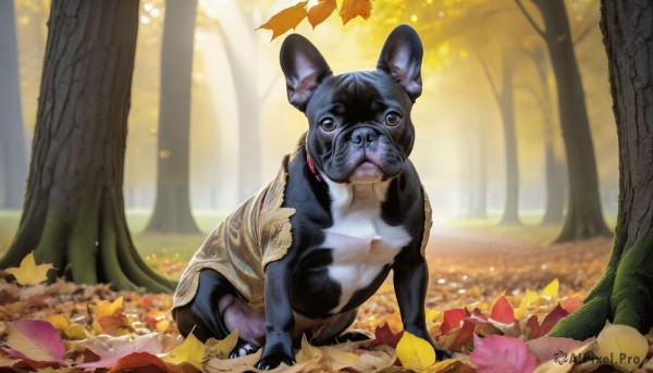 HQ,solo,looking at viewer,full body,flower,outdoors,day,blurry,tree,no humans,animal,leaf,nature,forest,realistic,autumn leaves,animal focus,autumn,sunlight,dog