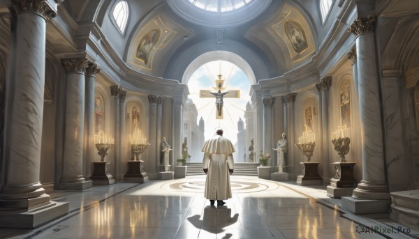 solo,short hair,black hair,gloves,long sleeves,1boy,hat,standing,male focus,sky,day,pants,indoors,from behind,window,shadow,cross,plant,scenery,reflection,walking,robe,facing away,candle,wide shot,pillar,statue,church,arch,candlestand,reflective floor,chandelier,column,1girl,holding,flower,boots,multiple boys,cloud,2boys,black footwear,blue sky,coat,book,halo,table,sunlight,fire,light rays,wooden floor,paper,stairs,angel,clock,potted plant,architecture,book stack,vase,painting (object),white robe