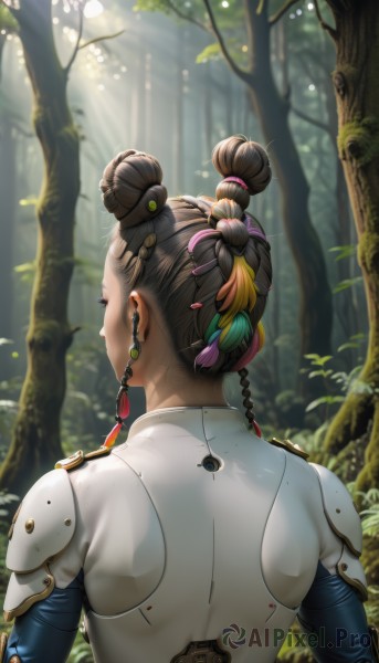 1girl,solo,short hair,brown hair,black hair,hair ornament,jewelry,upper body,braid,multicolored hair,earrings,outdoors,day,artist name,hair bun,from behind,armor,blurry,two-tone hair,tree,double bun,bodysuit,blurry background,leaf,back,sunlight,single hair bun,tassel,nature,forest,light rays,facing away,tassel earrings,multiple braids,cyborg