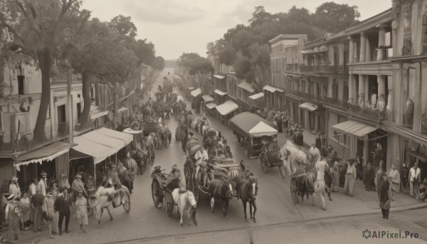 multiple girls,monochrome,greyscale,outdoors,japanese clothes,multiple boys,tree,6+girls,building,scenery,6+boys,flag,road,riding,architecture,house,east asian architecture,horse,crowd,banner,horseback riding,hat,walking,sepia,street