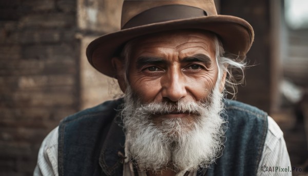 solo,looking at viewer,shirt,1boy,hat,brown eyes,closed mouth,white shirt,upper body,white hair,male focus,blurry,vest,blurry background,facial hair,portrait,beard,realistic,mustache,brown headwear,manly,old,old man,cowboy hat,smile,striped,depth of field,vertical stripes,striped shirt,blue vest,pinstripe pattern