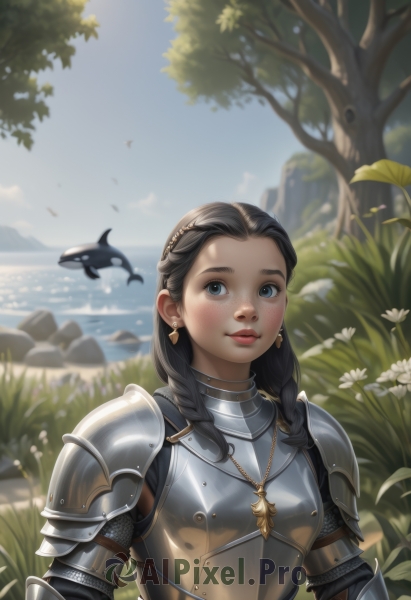 1girl,solo,long hair,looking at viewer,smile,blue eyes,black hair,jewelry,closed mouth,upper body,braid,flower,earrings,outdoors,sky,day,water,necklace,armor,blurry,twin braids,tree,blue sky,lips,blurry background,bird,ocean,grass,white flower,shoulder armor,gauntlets,freckles,pauldrons,breastplate,rock,realistic,nose,fantasy,knight,chainmail,plate armor,blush,forehead,daisy