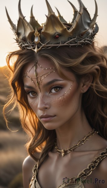 1girl,solo,long hair,looking at viewer,brown hair,bare shoulders,brown eyes,jewelry,closed mouth,collarbone,upper body,earrings,artist name,dark skin,necklace,blurry,dark-skinned female,lips,eyelashes,blurry background,chain,wavy hair,tiara,crown,portrait,freckles,realistic,nose,breasts,makeup,backlighting,gold chain