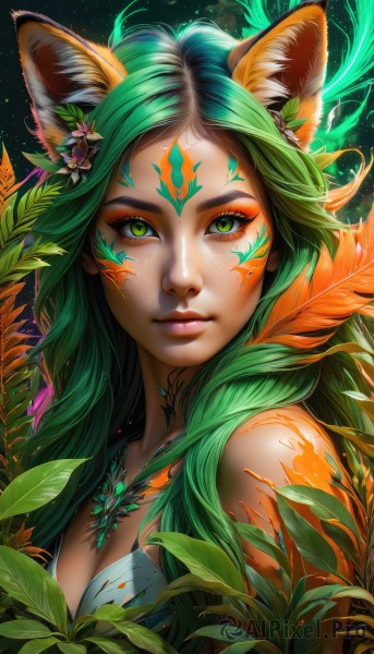 1girl,solo,long hair,breasts,looking at viewer,hair ornament,animal ears,cleavage,bare shoulders,jewelry,medium breasts,closed mouth,green eyes,upper body,flower,multicolored hair,green hair,artist name,hair flower,necklace,lips,animal ear fluff,fox ears,eyelashes,tattoo,makeup,leaf,watermark,facial mark,plant,portrait,eyeshadow,freckles,nose,web address