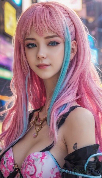 1girl,solo,long hair,breasts,looking at viewer,smile,bangs,blue eyes,large breasts,cleavage,bare shoulders,jewelry,medium breasts,closed mouth,underwear,blue hair,upper body,pink hair,bikini,multicolored hair,earrings,detached sleeves,necklace,bra,mole,blurry,two-tone hair,lips,streaked hair,eyelashes,mole under eye,tattoo,makeup,blurry background,floral print,realistic,nose,arm tattoo,mascara,gloves,swimsuit,black gloves,artist name,eyeshadow