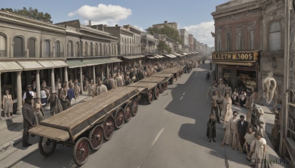 multiple girls,outdoors,multiple boys,sky,day,cloud,tree,blue sky,military,shadow,6+girls,ground vehicle,building,scenery,motor vehicle,6+boys,city,sign,car,road,tank,street,statue,crowd,people,town,crosswalk