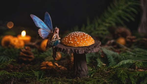 1girl,solo,long hair,skirt,brown hair,dress,bare shoulders,sitting,very long hair,pantyhose,boots,outdoors,wings,sleeveless,pointy ears,blurry,from side,tree,night,depth of field,grass,bug,plant,nature,scenery,forest,minigirl,fairy wings,fairy,mushroom,wide shot,butterfly wings,blue wings,tree stump,log,blurry background,head rest,rock