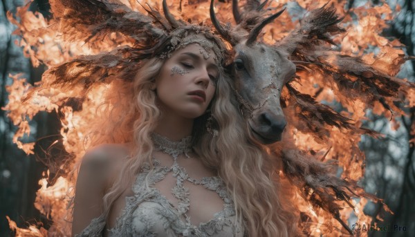 1girl,solo,long hair,breasts,blonde hair,dress,cleavage,bare shoulders,jewelry,medium breasts,closed eyes,upper body,parted lips,horns,white dress,blurry,tree,lips,blurry background,animal,wavy hair,facial mark,fire,nature,forest,skull,realistic,antlers,deer,large breasts,earrings,wings,bird