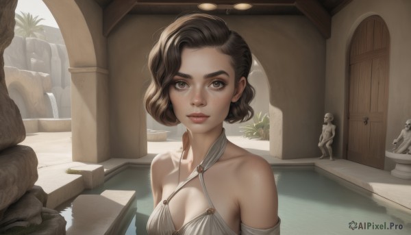 1girl,solo,breasts,looking at viewer,short hair,brown hair,dress,cleavage,bare shoulders,brown eyes,medium breasts,closed mouth,collarbone,upper body,indoors,water,white dress,lips,halterneck,plant,freckles,realistic,nose,pillar,statue,black hair,detached sleeves,day,thick eyebrows,backlighting,criss-cross halter,pool,mole on cheek