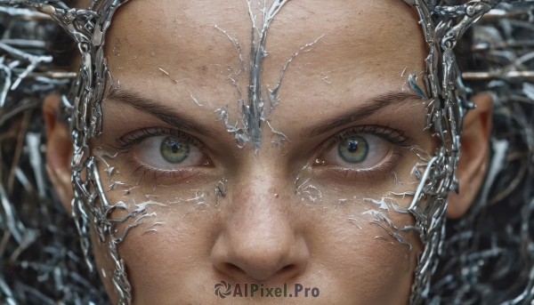 1girl,solo,looking at viewer,black hair,green eyes,water,blurry,eyelashes,portrait,close-up,forehead,reflection,ice,realistic,bald,eye focus,freckles