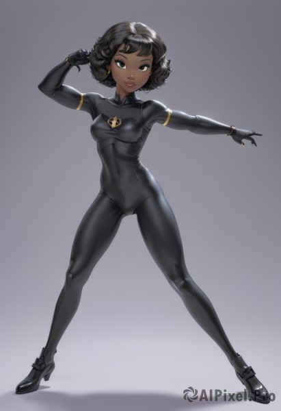 1girl,solo,breasts,looking at viewer,smile,short hair,simple background,black hair,gloves,brown eyes,jewelry,medium breasts,standing,full body,earrings,small breasts,dark skin,grey background,black footwear,black eyes,high heels,dark-skinned female,lips,gradient,gradient background,bodysuit,covered navel,outstretched arm,goggles,skin tight,goggles on head,black bodysuit,very dark skin,black gloves,covered nipples,cameltoe,contrapposto,curly hair,toned