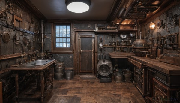 day,indoors,no humans,window,chair,table,sunlight,scenery,wooden floor,door,lamp,candle,shelf,kitchen,sink,barrel,cabinet,stove,crate,sky,stairs,clock,bucket,stool,ceiling light,chandelier