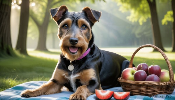 HQ,solo,open mouth,brown eyes,outdoors,food,day,tongue,tongue out,blurry,collar,tree,no humans,fruit,depth of field,blurry background,animal,sunlight,grass,nature,forest,dog,realistic,apple,blanket,basket,animal focus,animal collar,picnic basket,picnic,looking at viewer,peach,grapes,orange (fruit)