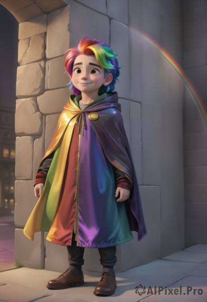 1girl,solo,looking at viewer,smile,short hair,1boy,brown eyes,closed mouth,standing,full body,purple hair,male focus,multicolored hair,green hair,shoes,artist name,cape,black eyes,two-tone hair,night,brown footwear,child,cloak,androgynous,personification,robe,male child,rainbow,rainbow gradient,rainbow hair,blonde hair,blue hair,red hair