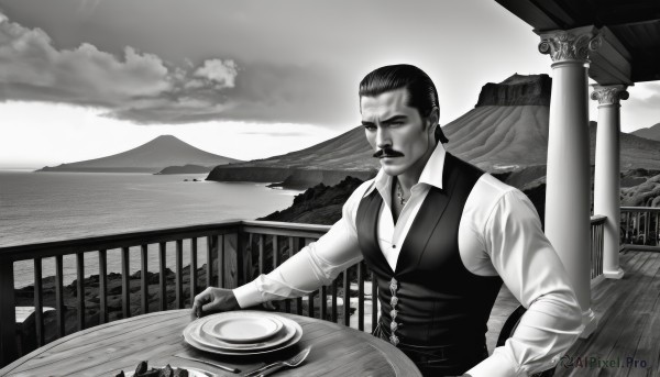 solo,shirt,gloves,long sleeves,1boy,jewelry,sitting,monochrome,greyscale,male focus,outdoors,sky,collared shirt,cloud,vest,facial hair,table,cloudy sky,plate,mountain,realistic,mustache,railing,manly,food,ocean,knife