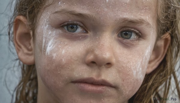 1girl,solo,long hair,looking at viewer,blonde hair,brown hair,brown eyes,closed mouth,blurry,lips,wet,expressionless,portrait,close-up,freckles,realistic,nose,wet hair,grey eyes,eyelashes