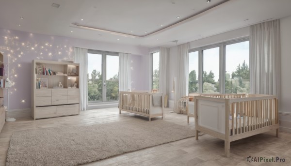 sky,day,cloud,indoors,tree,book,no humans,window,bed,shadow,chair,table,sunlight,plant,curtains,box,scenery,wooden floor,stairs,door,bookshelf,lamp,shelf,floor,carpet,desk,tiles,tile floor,cabinet,reflective floor