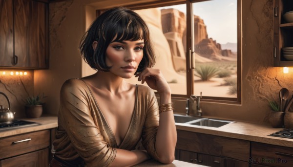 1girl,solo,breasts,looking at viewer,short hair,bangs,black hair,cleavage,jewelry,medium breasts,sitting,collarbone,upper body,small breasts,parted lips,day,indoors,hand up,black eyes,bracelet,cup,lips,eyelashes,window,table,sunlight,bob cut,plant,desk,head rest,realistic,nose,bangle,potted plant,cactus,windowsill,blue eyes,nail polish,lamp,kitchen