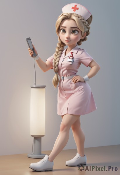 1girl,solo,long hair,smile,blonde hair,hat,dress,holding,brown eyes,closed mouth,standing,full body,braid,short sleeves,shoes,grey background,hand on hip,white footwear,pink dress,hair over shoulder,pocket,nurse cap,collared dress,nurse,id card,clipboard,red cross,looking at viewer,simple background,loli,phone,cellphone,smartphone,holding phone