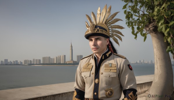 solo,shirt,black hair,long sleeves,1boy,hat,brown eyes,closed mouth,jacket,upper body,male focus,outdoors,sky,day,belt,uniform,tree,military,military uniform,buttons,facial hair,feathers,building,epaulettes,city,cityscape,breast pocket,military jacket,medal,looking at viewer,brown hair,open clothes,water,blue sky,lips,looking to the side,white jacket,helmet,scenery,realistic,mustache