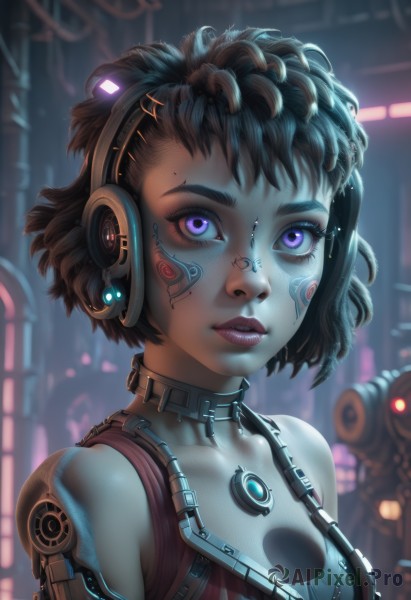 1girl,solo,breasts,looking at viewer,short hair,brown hair,black hair,cleavage,bare shoulders,purple eyes,upper body,small breasts,parted lips,teeth,choker,artist name,dark skin,blurry,dark-skinned female,lips,eyelashes,tattoo,makeup,blurry background,colored skin,headphones,watermark,robot,lipstick,science fiction,nose,android,cable,cyborg,robot joints,very dark skin,cyberpunk,mechanical parts,steampunk,jewelry,medium breasts,collarbone,earrings,sleeveless,signature,mole,glowing,facial mark,piercing,messy hair,portrait,web address,eyeshadow,freckles,curly hair,asymmetrical hair,realistic,facepaint,eyebrow piercing