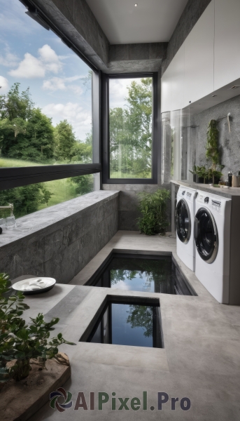 outdoors,sky,day,cloud,indoors,tree,blue sky,no humans,window,table,cloudy sky,grass,plant,scenery,plate,door,potted plant,bush,sink,washing machine,building,stairs,laundry