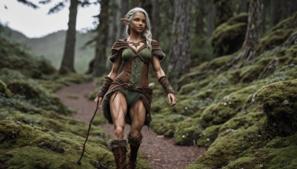 1girl,solo,long hair,breasts,jewelry,medium breasts,white hair,boots,outdoors,pointy ears,necklace,armor,blurry,tree,lips,capelet,muscular,brown footwear,staff,elf,nature,forest,walking,fantasy,weapon,thighs,bow (weapon)