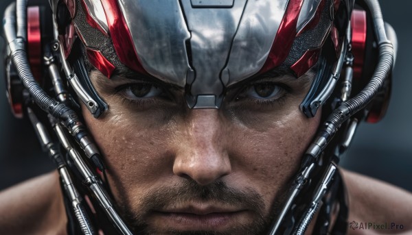 solo,looking at viewer,1boy,brown eyes,closed mouth,male focus,blurry,black eyes,lips,facial hair,helmet,portrait,beard,close-up,science fiction,realistic,mustache,straight-on,black hair,shiny,serious,stubble,cable