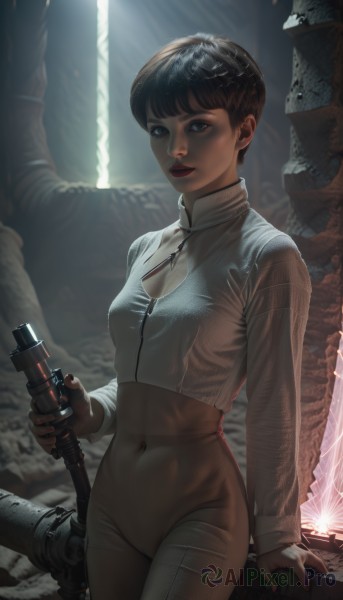 1girl,solo,breasts,looking at viewer,short hair,bangs,black hair,long sleeves,navel,holding,brown eyes,jewelry,medium breasts,standing,weapon,cowboy shot,small breasts,parted lips,midriff,dark skin,nail polish,holding weapon,black eyes,dark-skinned female,lips,crop top,bodysuit,covered navel,makeup,lipstick,skin tight,zipper,cropped jacket,science fiction,realistic,red lips,very short hair,cleavage,sitting,pants,sword,clothing cutout,arm support,cleavage cutout,zipper pull tab,energy sword,lightsaber