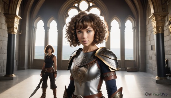 1girl,looking at viewer,short hair,blue eyes,brown hair,gloves,1boy,holding,2girls,brown eyes,standing,weapon,boots,sleeveless,pointy ears,belt,pants,sword,indoors,holding weapon,armor,lips,grey eyes,wavy hair,holding sword,shoulder armor,curly hair,pauldrons,breastplate,realistic,fantasy,pillar,arch,column,bangs,black hair,closed mouth,upper body,window,sunlight,brown gloves,backlighting,nose,arms at sides