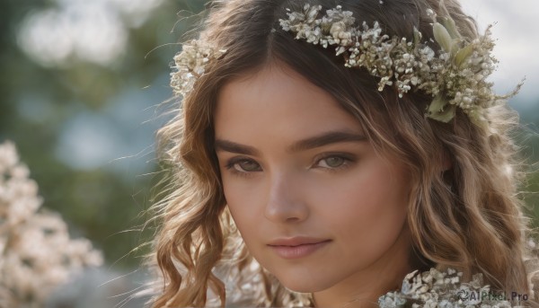 1girl,solo,long hair,looking at viewer,smile,brown hair,hair ornament,brown eyes,closed mouth,flower,hair flower,blurry,lips,grey eyes,eyelashes,depth of field,blurry background,wavy hair,white flower,portrait,close-up,realistic,nose,head wreath,outdoors,day,thick eyebrows,light smile,wreath