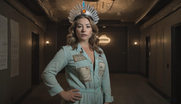 1girl,solo,long hair,breasts,looking at viewer,brown hair,shirt,long sleeves,cleavage,brown eyes,closed mouth,standing,upper body,indoors,medium hair,lips,hand on hip,buttons,curly hair,pocket,realistic,nose,door,headdress,ceiling,hallway,ceiling light,jewelry,earrings,name tag,id card