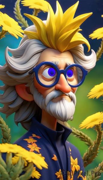 solo,blue eyes,blonde hair,shirt,1boy,purple eyes,upper body,flower,white hair,grey hair,male focus,multicolored hair,glasses,collared shirt,blurry,two-tone hair,facial hair,leaf,blue shirt,plant,beard,yellow flower,mustache,old,old man,blue-framed eyewear,closed mouth,artist name,watermark,portrait,web address