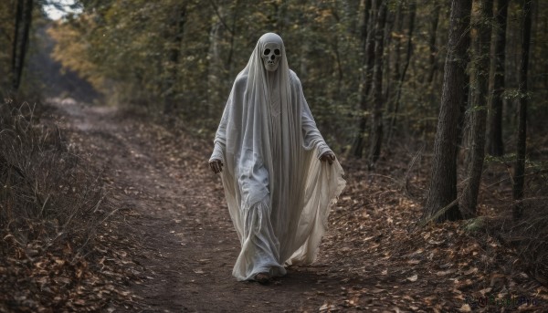 solo,looking at viewer,standing,full body,outdoors,hood,tree,no humans,leaf,nature,cloak,1other,hood up,forest,walking,robe,horror (theme),white robe,hooded robe,1girl,blurry,torn clothes,colored skin,facing viewer,monster,grey skin,ghost costume