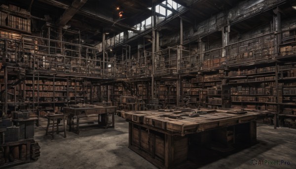 indoors,book,no humans,window,chair,table,scenery,lantern,stairs,bookshelf,lamp,shelf,book stack,library,ceiling,ladder,ceiling light,crate