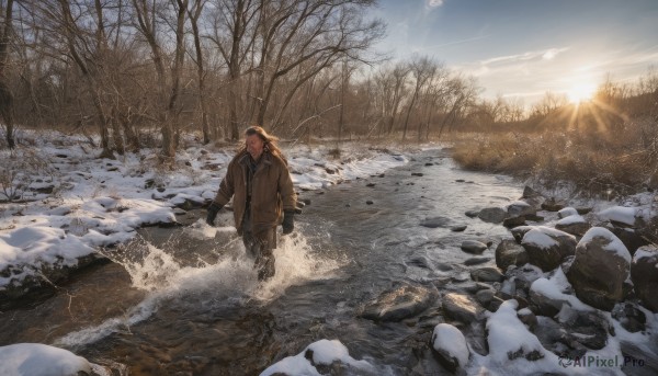 solo,blonde hair,brown hair,gloves,long sleeves,1boy,hat,standing,jacket,male focus,outdoors,sky,day,black gloves,pants,cloud,water,scarf,tree,coat,facial hair,sunlight,nature,scenery,snow,forest,walking,rock,mountain,sun,winter clothes,winter,brown coat,bare tree,river,footprints,sunset,brown jacket,snowing,bald,landscape,sunrise,stream