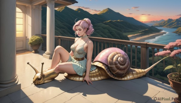 1girl,solo,breasts,looking at viewer,short hair,large breasts,dress,cleavage,bare shoulders,medium breasts,sitting,collarbone,pink hair,purple hair,flower,ahoge,outdoors,sky,sleeveless,choker,pointy ears,belt,cloud,water,hair bun,white dress,tree,lips,shadow,single hair bun,plant,scenery,knee up,sunset,mountain,railing,potted plant,pillar,column,jewelry,tail,ponytail,earrings,barefoot,fingernails,monster girl,fantasy,scales