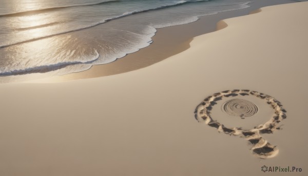 solo,outdoors,water,no humans,shadow,ocean,beach,scenery,reflection,brown background,sunset,sand,horizon,shore,desert,simple background,white background,artist name,signature,ripples,waves,brown theme,still life