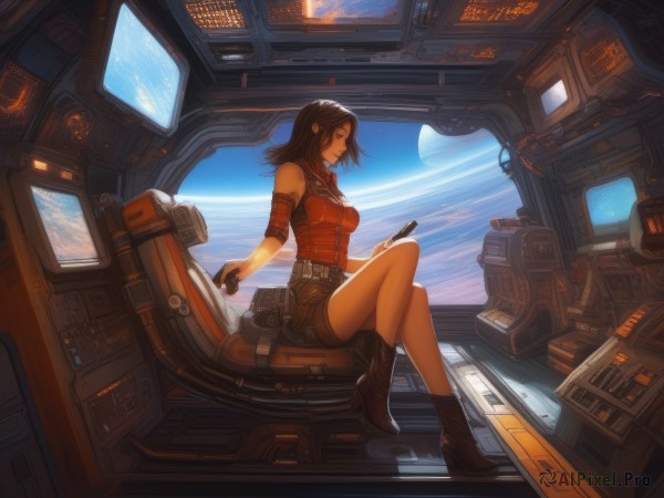 1girl,solo,long hair,breasts,brown hair,black hair,gloves,holding,bare shoulders,brown eyes,medium breasts,sitting,boots,sky,shorts,sleeveless,belt,cloud,phone,cellphone,science fiction,cockpit,short hair,high heels,space,monitor,planet,earth (planet)