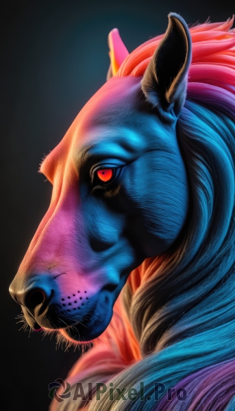 solo,looking at viewer,simple background,red eyes,1boy,closed mouth,male focus,horns,from side,no humans,profile,animal,black background,portrait,furry,realistic,furry male,animal focus,whiskers,animal ears,blue hair,pokemon (creature),colored skin,colored sclera,blue skin