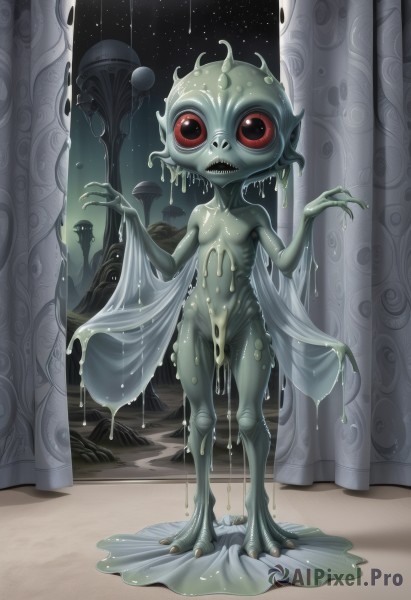 1girl,solo,looking at viewer,open mouth,red eyes,navel,standing,full body,nude,small breasts,sky,teeth,flat chest,hands up,no humans,night,colored skin,sharp teeth,curtains,monster girl,star (sky),claws,tentacles,starry sky,monster,green skin,dripping,pillar,extra arms,extra eyes,slime (substance),fewer digits,column,breasts,night sky,colored sclera,creature,alien,horror (theme),curtain grab,eldritch abomination