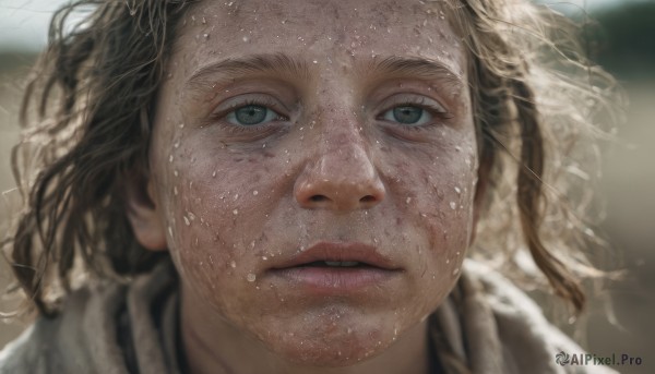 1girl,solo,looking at viewer,short hair,brown hair,green eyes,parted lips,teeth,blurry,lips,wet,depth of field,blurry background,portrait,close-up,freckles,realistic,nose,wet hair,dirty,blonde hair,scarf,eyelashes,messy hair,dirty face