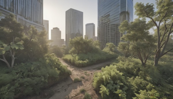 outdoors,sky,day,cloud,tree,no humans,grass,plant,building,scenery,city,road,bush,cityscape,ruins,skyscraper,blue sky,sunlight