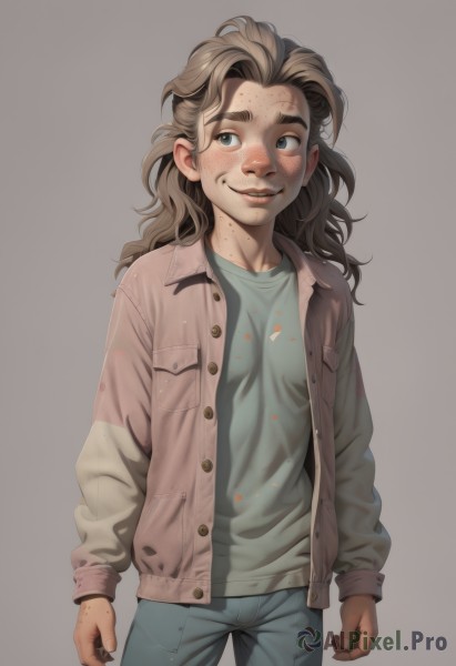 1girl,solo,long hair,looking at viewer,blush,smile,blue eyes,simple background,brown hair,shirt,long sleeves,standing,jacket,cowboy shot,parted lips,open clothes,teeth,pants,grey background,open jacket,lips,looking to the side,buttons,thick eyebrows,denim,clenched hands,freckles,jeans,realistic,arms at sides,unbuttoned,dirty,open mouth,1boy,white background,male focus,green shirt