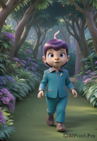 solo,looking at viewer,smile,short hair,open mouth,bangs,long sleeves,1boy,brown eyes,standing,jacket,full body,purple hair,flower,male focus,outdoors,parted lips,shoes,day,pants,artist name,tree,petals,bird,leaf,brown footwear,grass,blue jacket,child,nature,forest,walking,purple flower,blue pants,bush,male child,path,school uniform,ahoge,boots,bowl cut