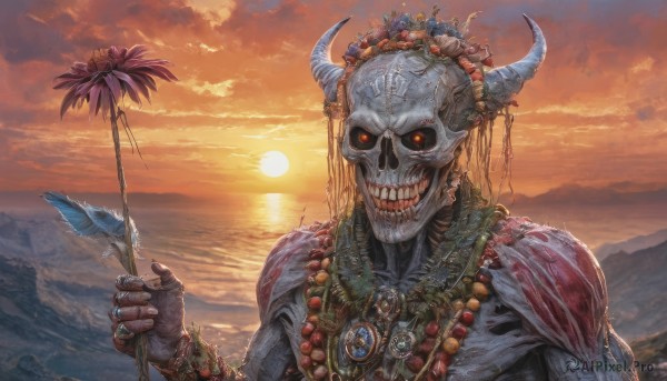 solo,hair ornament,red eyes,1boy,holding,jewelry,upper body,flower,male focus,outdoors,horns,sky,teeth,cloud,necklace,bracelet,glowing,glowing eyes,colored sclera,beads,skull,sunset,monster,mountain,sun,black sclera,holding flower,skeleton,looking at viewer,water,no humans,bird,ocean,cloudy sky,feathers,gem,scenery,horizon,horn ornament,mountainous horizon,orange sky,sunrise,red sky