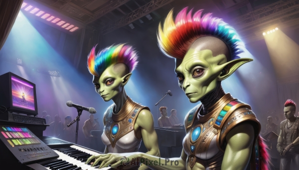 breasts,looking at viewer,smile,multiple girls,2girls,brown eyes,jewelry,red hair,multicolored hair,multiple boys,pointy ears,colored skin,instrument,microphone,music,guitar,bald,green skin,playing instrument,microphone stand,crowd,stage,piano,mohawk,keyboard (instrument),long pointy ears,stage lights,goblin,concert,grand piano,1girl,2boys,muscular,alien,yellow skin,audience