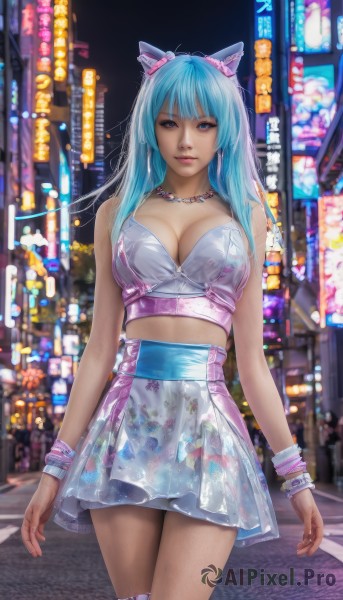 1girl,solo,long hair,breasts,looking at viewer,bangs,blue eyes,skirt,large breasts,thighhighs,animal ears,cleavage,bare shoulders,jewelry,medium breasts,closed mouth,blue hair,standing,cowboy shot,outdoors,midriff,artist name,cat ears,miniskirt,necklace,blurry,bracelet,lips,crop top,aqua hair,night,blurry background,fake animal ears,building,wristband,city,realistic,earrings,shiny,signature,blue skirt,see-through,watermark,beads,high-waist skirt,arms at sides,road,cityscape,bead necklace,street,skyscraper,city lights,cyberpunk,neon lights,see-through skirt