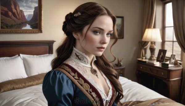 1girl,solo,long hair,breasts,looking at viewer,blue eyes,brown hair,hair ornament,dress,cleavage,jewelry,sitting,upper body,indoors,necklace,hair bun,lips,pillow,window,bed,blue dress,on bed,curtains,gem,realistic,nose,lamp,picture frame,painting (object),portrait (object),medium breasts,braid,earrings,lace trim,lace