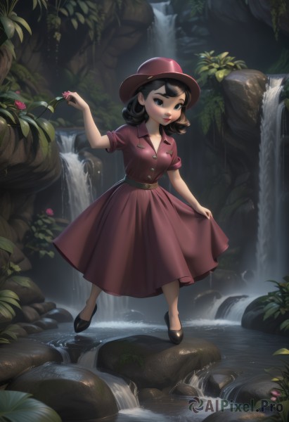 1girl,solo,breasts,looking at viewer,smile,short hair,blue eyes,black hair,hat,dress,holding,medium breasts,standing,full body,flower,short sleeves,outdoors,parted lips,shoes,belt,medium hair,water,black footwear,black eyes,lips,buttons,red dress,plant,pink dress,nature,red headwear,wading,curly hair,rock,skirt hold,holding flower,waterfall,blush,bangs,brown hair,pink flower,collared dress,red lips